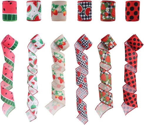 2.5" Watermelon and Strawberry Ribbon,Summer Craft Wire Edged Ribbon,Checks,Polka Dots,Watermelon Slices,Strawberries and Flowers Faux Linen Ribbo...