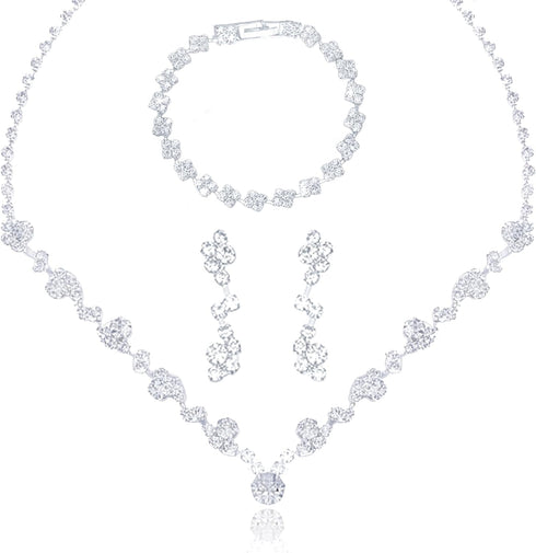 Wedding Jewelry Set for Women, Set of 3 Rhinestone Bridal Necklace Dangle Earrings Bracelet Set, White Silver Plated Bridal Jewelry Set, Wedding P...