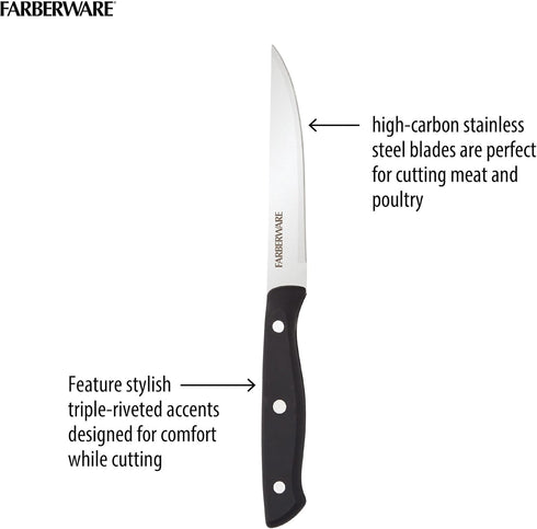 Farberware Full-Tang Triple-Riveted 8-Piece Steak Knife Set, High-Carbon Stainless Steel, Razor-Sharp Knives with Ergonomic Handle, Kitchen Knives...