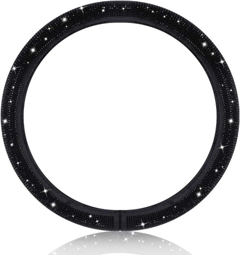 Women Fashion Black Velvet Bling Steering Wheel Cover with Black Diamonds, 15 inch Standard Glitter Rhinestone Car Wheel Cover Sparkling, Full Cov...