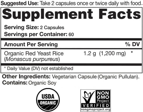 Certified Organic Red Yeast Rice Supplement - 120 Capsules, 2 Month Supply...