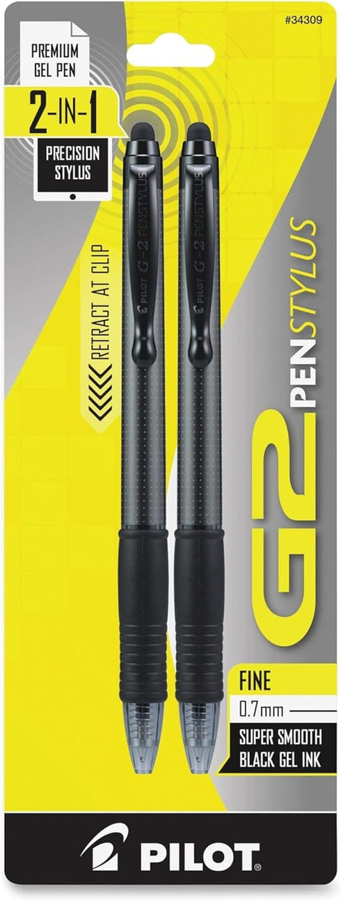 Pilot, G2 Pen Stylus, Fine Point 0.7 mm, Pack of 2, Black Ink, Gray Barrel......