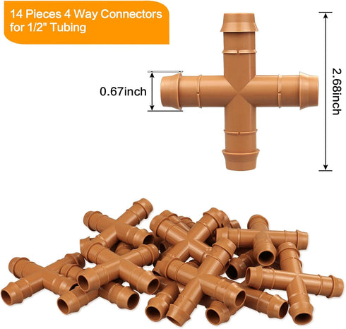 Drip Irrigation Fittings Barbed Cross Tee for 1/2" Irrigation Tubing(0.600" ID), 14 Pieces Barbed 4 Way Connectors, Drip Line 4 Way Couplings for ...