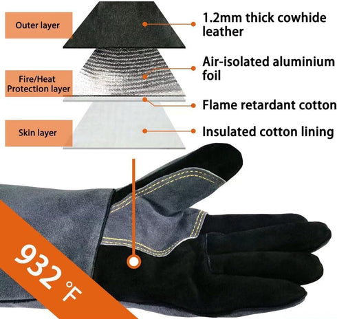 14 Inches,932?,Leather Forge Welding Gloves small, Heat/Fire Resistant,Mitts for BBQ,Oven,Grill,Fireplace,Tig,Mig,Baking,Furnace,Stove,Pot Holder,...