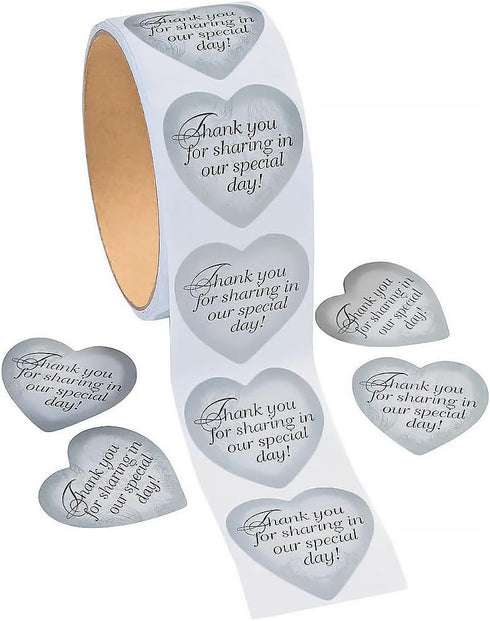 Silver Heart Thank You for Sharing Our Special Day Wedding Stickers - 1 Roll of 100 Thank You and Favor Stickers...