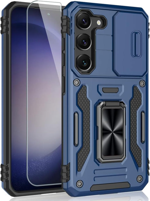 for Samsung Galaxy S23 Case, Shockproof Phone Case with Sliding Camera Cover & Rotatable Ring Holder Kickstand + Tempered Glass Screen Protector f...