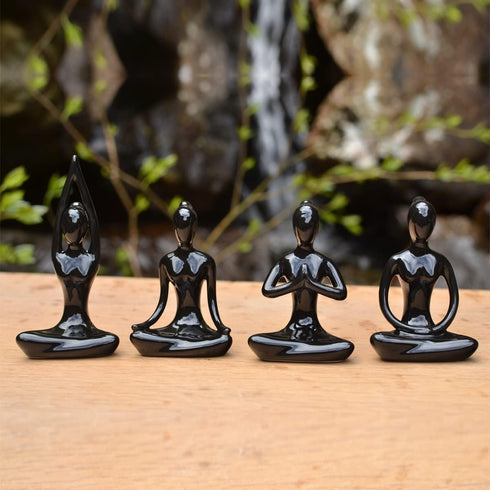 OwMell Lot of 4 Meditation Yoga Pose Statue Figurine Ceramic Yoga Figure Set Decor - Black...