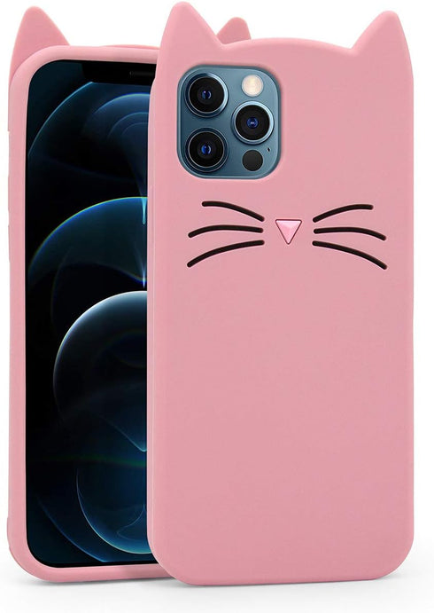 Cute iPhone 12 Pro Max case, Pink Whisker Cat Ears Kitty Case, Funny 3D Cartoon Animals Kitten Soft Silicone Shockproof Slim Fit Back Cover Cases ...