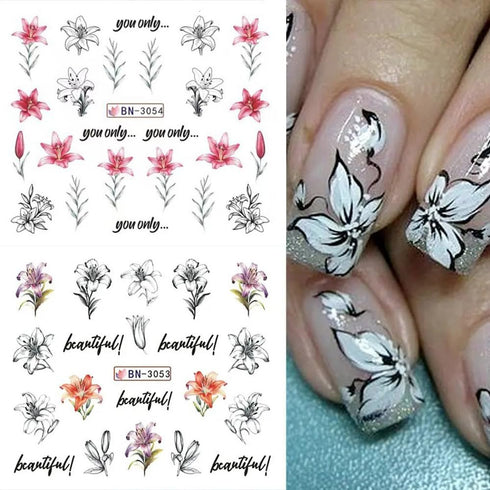 12 Sheets Lily Flowers Nail Stickers Water Transfer Decals Slider Nail Art Decorations White Flower Green Leaf Geometric Line Sliders Spring Flora...