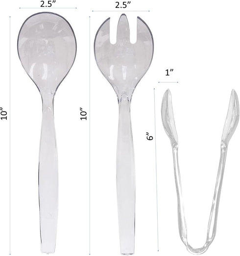 VeZee's Plastic Serving Utensils, Clear Heavy Duty Disposable utensil | Set 10" Spoons 10" Forks 6" Tongs | 6 Each in One Set| 18 Pcs...