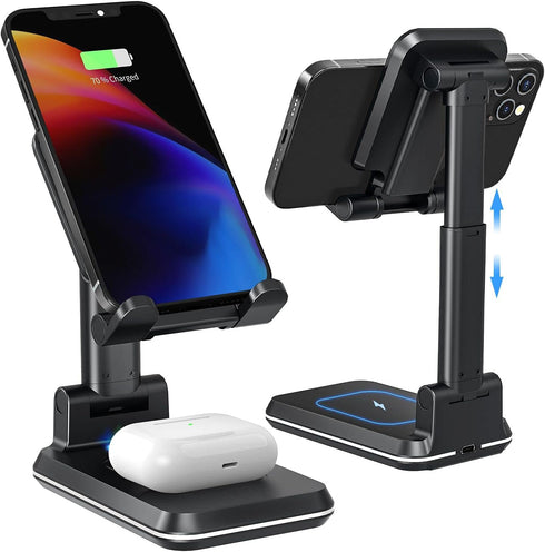 Wireless Charger, 2 in 1 Dual Wireless Charging Stand, Adjustable Phone Holder for Desk 10W Qi Fast Charger Compatible with iPhone 14/13/12/11/Pro...