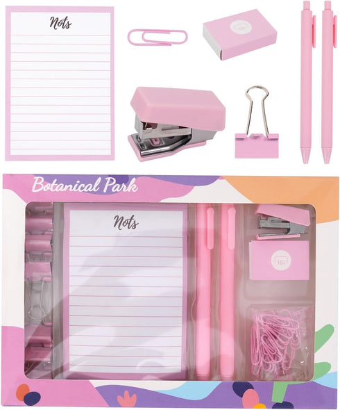6pcs Pink Office Supplies Set, Pink Desk Accessories, Stapler Binding Set for Women with Paper Clip, Neutral Pen, Long Tail Clip, Horizontal Noteb...