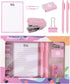 6pcs Pink Office Supplies Set, Pink Desk Accessories, Stapler Binding Set for Women with Paper Clip, Neutral Pen, Long Tail Clip, Horizontal Noteb...