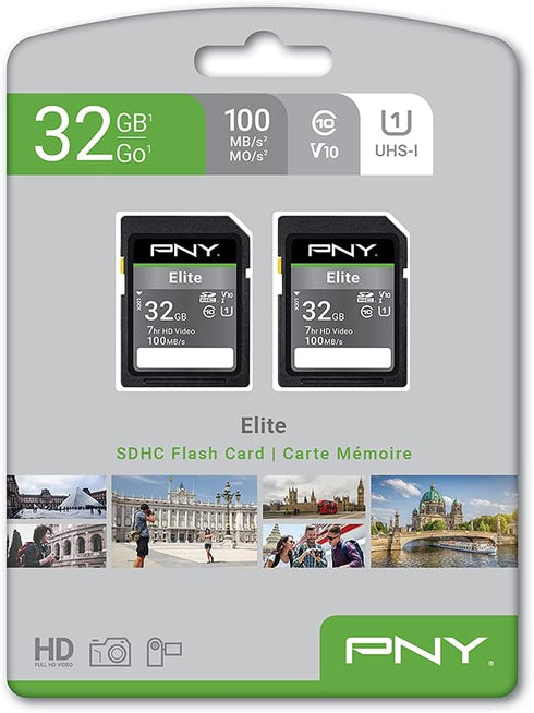 PNY 32GB Elite Class 10 U1 V10 SDHC Flash Memory Card 2-Pack - 100MB/s, Class 10, U1, V10, Full HD, UHS-I, Full Size SD...