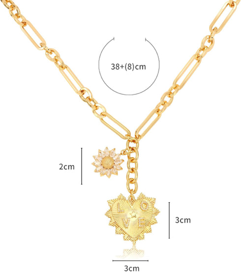Sun Heart Necklace for Women 18K Gold Plated Heart Pendent Charm Necklace Chunky Chain Choker Necklace Hip Hop Charm Necklace...