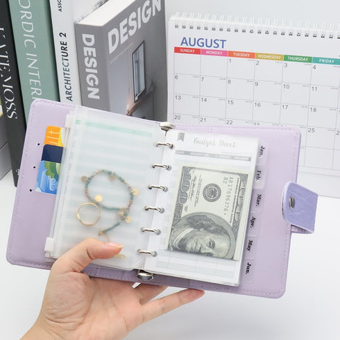 NatSumeBasics A7 Binder Wallet Cash Envelopes Budget Binder Purple Crocodile Pattern Notebook Cover 6 Rings Folders with Snap Button for Organizer...