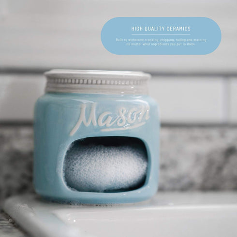 Blue Mason Jars Ceramic Sponge Holder for Kitchen Sink Organizer - Mason Jar Decor Farmhouse Sink Caddy Sponge Holder w/ Non Scratch Scrubber - Ho...