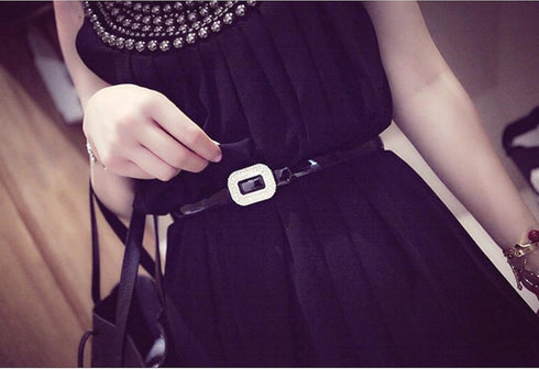 Women's Belt Dress Genuine Leather Skinny Patent Leather Belts Gold Rectangle Shiny Rhinestone Buckle Waistband...