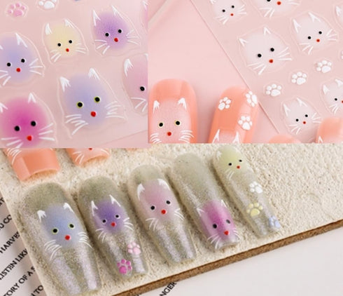 5D Embossed Nail Stickers with Tweezer,4 Sheets Nail Art Stickers Self-Adhesive Cute Cat Pattern Nail Stickers for Acrylic Nails Supplies for Wome...
