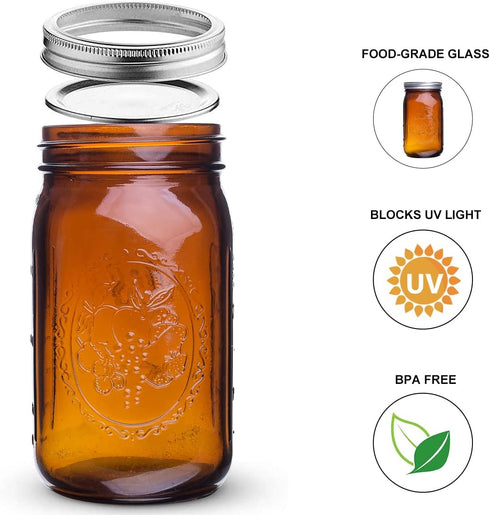 eleganttime Amber Glass Mason Jars 32 oz Wide Mouth with Airtight Lids and Bands 6 Pack Large Glass Canning Mason Jars Quart,Great for Canning Jar...