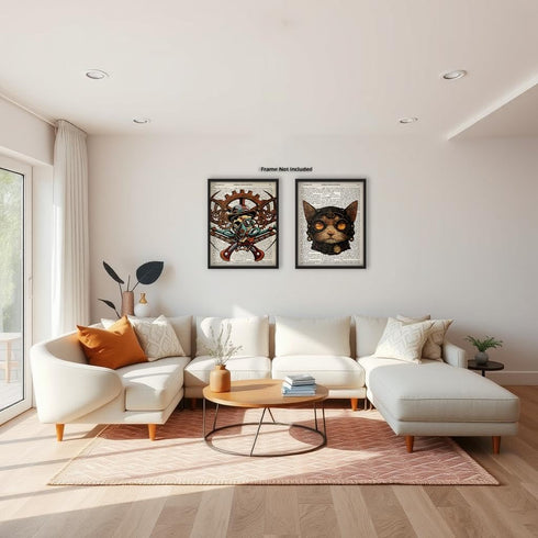 Posterizer 2 pcs-Steampunk Gothic Skull and Cat Dictionary Art-Retro Art-Art for Animal Lovers-Gift for Steampunk or Goth Fans-Living Room Bedroom...