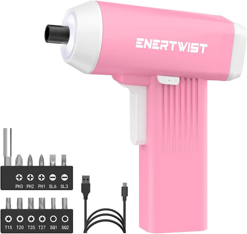 ENERTWIST Pink Electric Cordless Screwdriver, Rechargeable 4V Power Screwdriver with LED Light,12Pcs Accessories for Home Repair...