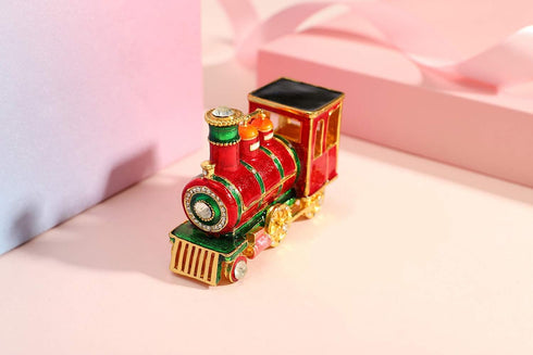 Mini Steam Train Jewelry Trinket Box Hinged Enameled Crystal Ornaments Gift for Home Decor...