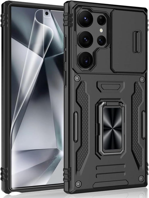 for Samsung Galaxy S24 Ultra Case, Shockproof Phone Case & Sliding Camera Cover & Ring Holder Kickstand with Screen Protector for Samsung Galaxy S...