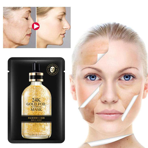 24K Gold Foil Hyaluronic Mask, 10 Pack Gold Foil Essence Face Mask Patches, Gold Hyaluronic Acid Patches, Anti-Aging Moisturizing Hydrating Face S...