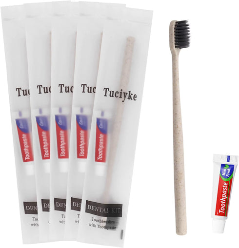 Tuciyke Disposable Toothbrush with Toothpaste Set Pack of 25,Straw Apricot Individually Wrapped Manual Travel Toothbrush Kit in Bulk Toiletries fo...
