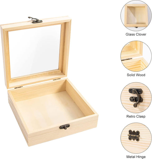 Unfinished Wooden Display Box with Glass Top Hinged Lid, Small Wood Keepsake Storage Box, DIY Craft Box for Collectibles Jewelry Gift and Home Dec...