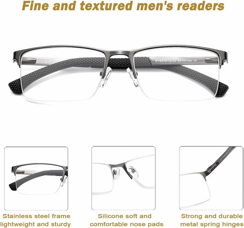 EYECEDAR 5-Pack Reading Glasses for Men Metal Half Frame Rectangular Style Spring Hinges Eyeglasses Mens Readers 1.50...