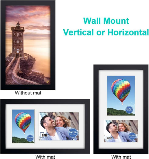 RPJC 8x14 Soild Wood 2 Opening Picture frames with High Definition Glass Display 4x6 and 5x7 with Mat or 8x14 Without Mat for Wall Mounting Hangin...