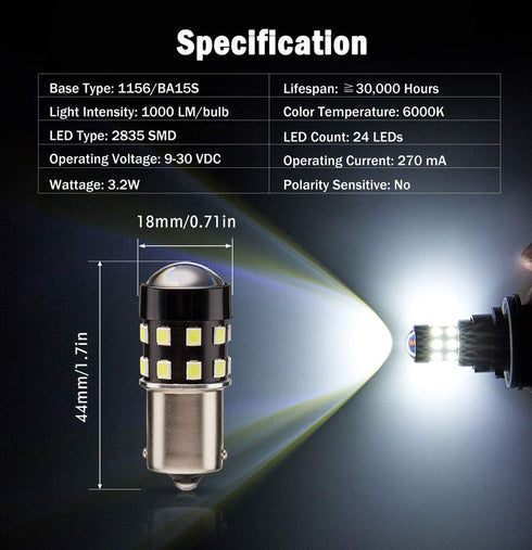Supper Bright 1156 7506 BA15S P21W 1073 1141 1003 LED Bulbs 6000K Xenon White 24-SMD LED Chipsets with Projector for Backup Reverse Lights, Brake ...
