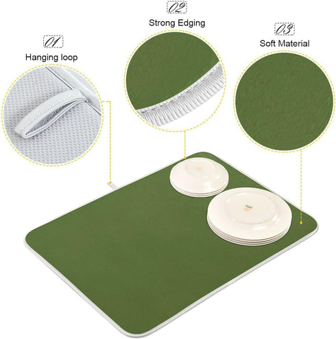 Olive Green Solid Color Dish Drying Mat Absorbent Reversible Dish Draining Mat for Kitchen Countertops Sinks, 16 x 18 Inch...