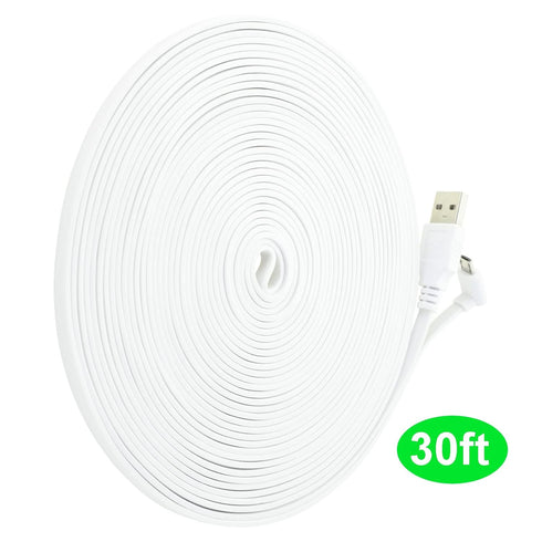 LEFXMOPHY 30ft Power Cord for WYZE Cam Pan V3 90 Degree L-Shape Connector Micro USB Right Angle Extension Charging Cable Long Flat White Extender....