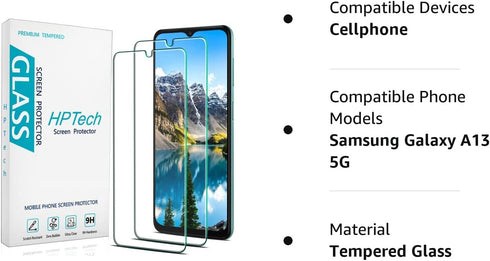 HPTech (2 Pack) Designed For Samsung Galaxy A13 5G Tempered Glass Screen Protector, Easy Installation, Bubble Free, Case Friendly......