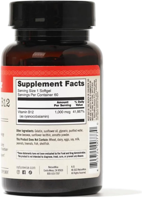 NatureWise Vitamin B12 1000 mcg - B12 Vitamin Supplement for Supporting Energy Levels, Mental Clarity, Nervous System Health - Easy-to-Swallow, Gl...