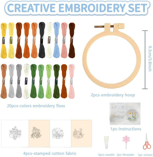 FREEBLOSS 4 Set 3.7'' Small Embroidery Kit with Cactus Patterns and Detailed Instructions, Embroidery Starter Kit for Beginners Cross Stitch Kits ...