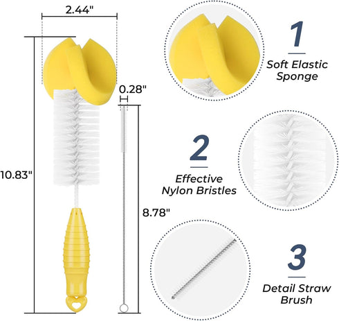 Amazer Bottle Brush Cleaner Set, Water Bottle Brush with Straw Brush and Sponge Brush for Cleaning, Bottle Scrub Brush for Water Bottles, Glasswar...