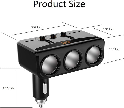 LIHAN 3 Socket Cigarette Lighter Adapter, Car Charger Plug Splitter with Dual USB Ports, 12V/24V Meter Monitor, Compatible with iPhone, LG, HTC, S...