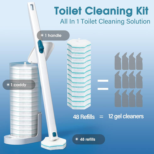 Disposable Toilet Brush with 48 PCS Toilet Refills, Disposable Toilet Cleaning System- Toilet Brush, Storage Caddy and 48 Toilet Bowl Brush Refill...