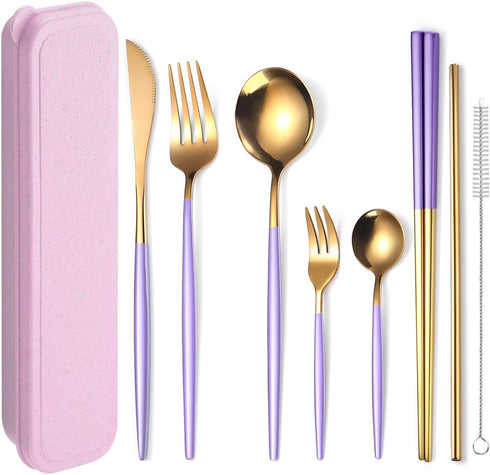 AARAINBOW 8 Pieces Stainless Steel Flatware Set Portable Reusable Cutlery Set Travel Utensils Set Including Chopsticks Knife Fork Spoon Straws Cle...