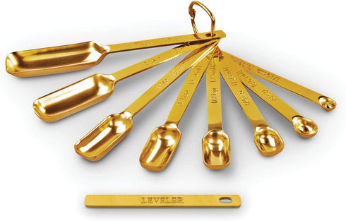 2LB Depot Gold Measuring Cup Set - 7pc Stainless Steel, Narrow Long Handle Design Fits Spice Jars - Leveler Included...