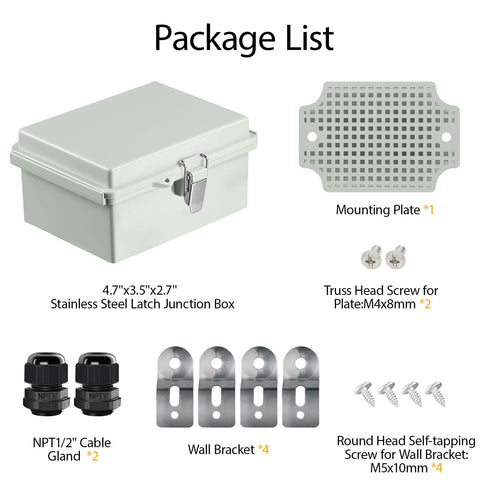 LeMotech Electrical Box, IP67 Waterproof Hinged Cover Stainless Steel Latch Junction box, ABS Plastic Electrical Enclosure with Mounting Plate,Wal...