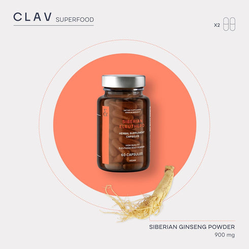 CLAV® Siberian Ginseng - 900mg Eleuthero Root Powder - Energy Supplement - Reduction of Tiredness & Fatigue - 60 Ginseng Capsules - Made in German...