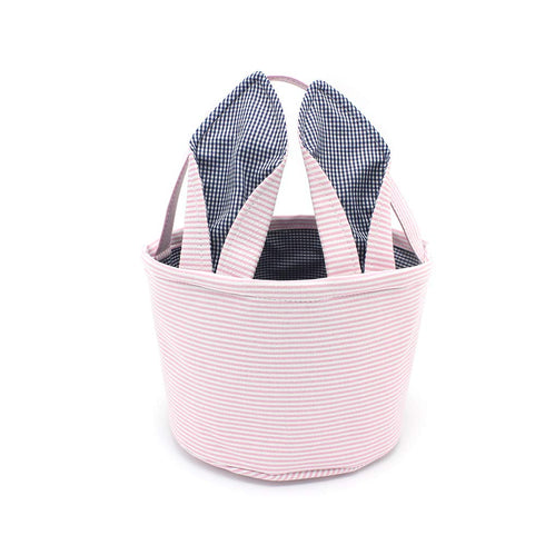 Easter Baskets Seersucker Easter Bunny Bag Bucket for Easter Egg Hunt Bunny Ears Design (Pink)...