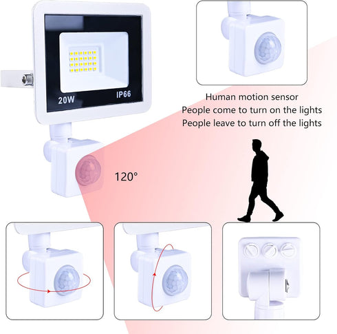 20W Plug in LED Motion Sensor Flood Light, PIR Induction Lamp, Dusk to Dawn Outdoor Auto ON/Off, 6500K Security Spot Daylight, IP66 Rainproof Work...