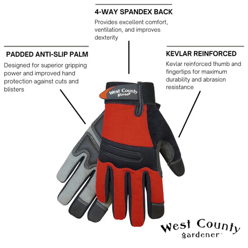 West County 044B/M Women's Landscape Gloves – Medium, Brick, Work Gloves w/Neoprene Knuckle, Anti-Slip Palms, Reinforced Thumb & Fingertips...