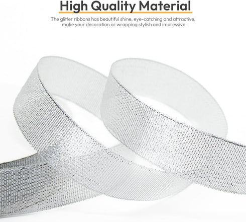 1 inch x 50 Yards Glitter Metallic Silvery Ribbon, Sparkly Metallic Fabric Ribbons Silver Metallic Ribbons for Gifts Wrapping, Sewing, Party Decor...